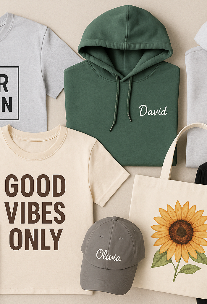 Erstelle ein Bild mit versiedenen personalisierten Kleitungsstücken